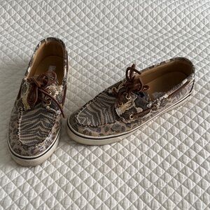 Sperry Cheetah Animal Print Boat Shoes with Brown Laces